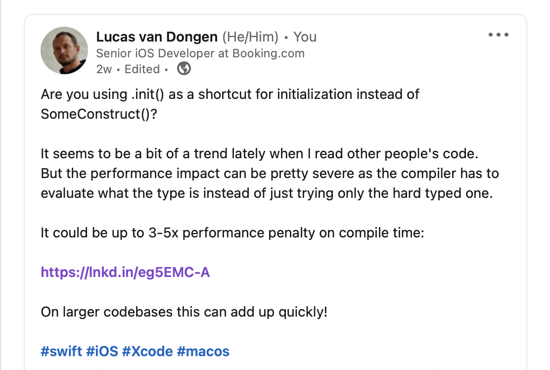 A LinkedIn post with bold claims about .init performance that I might not be able to back up with actual data
