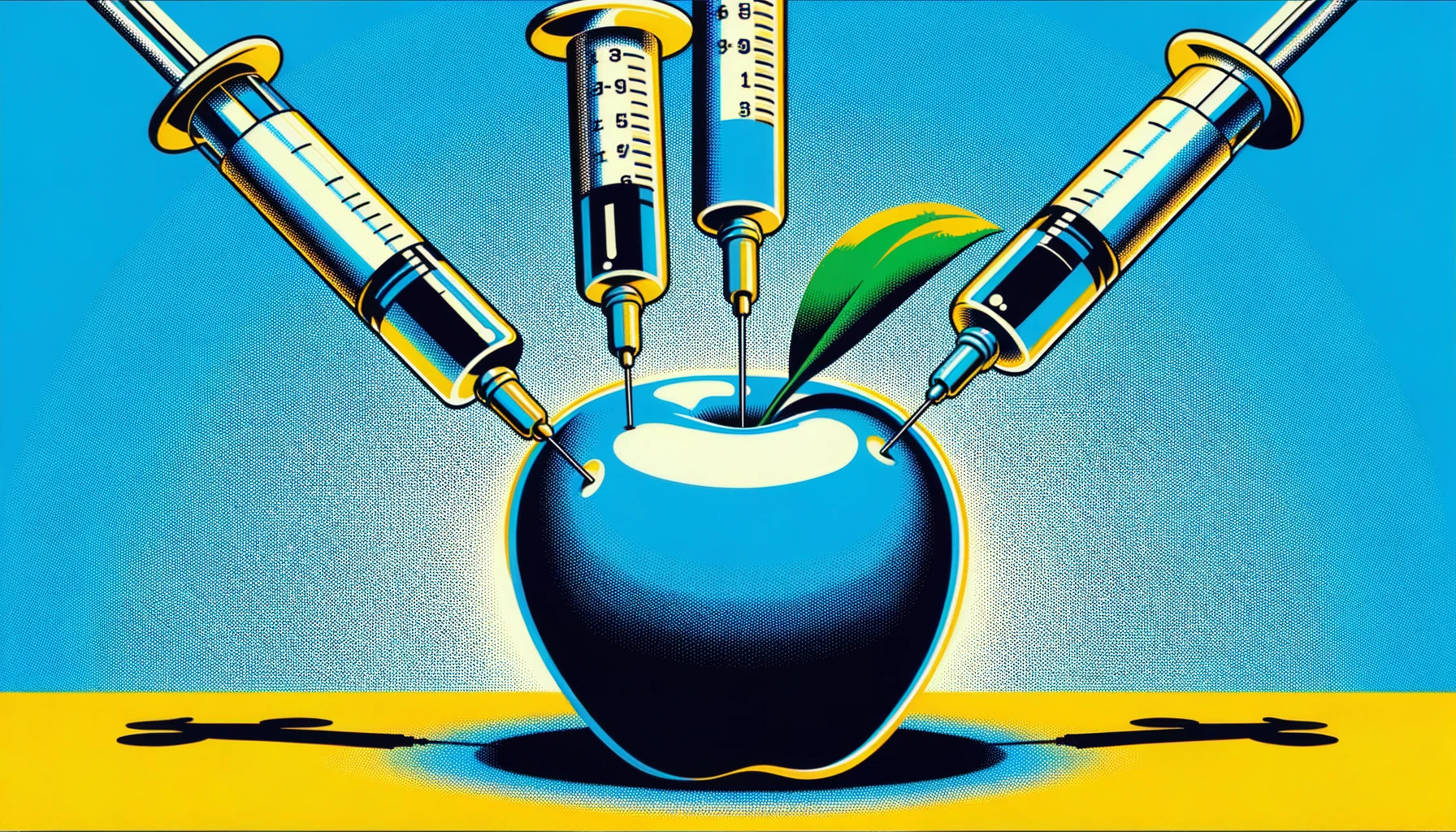 An AI generated hero image showing four syringes stuck into an apple, symbolifying the act of injecting dependencies on Apple platforms