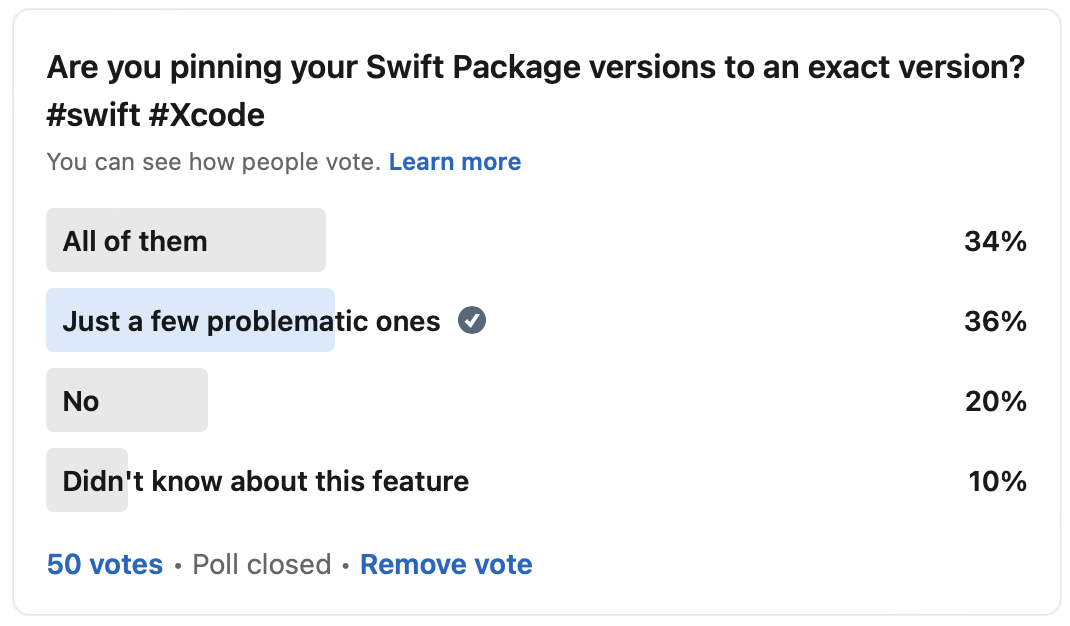 A Poll showing that 34% of all respondents pins all of their packages, 36% pins a few problematic ones. But 20% doesn't and 10% didn't even know it existed